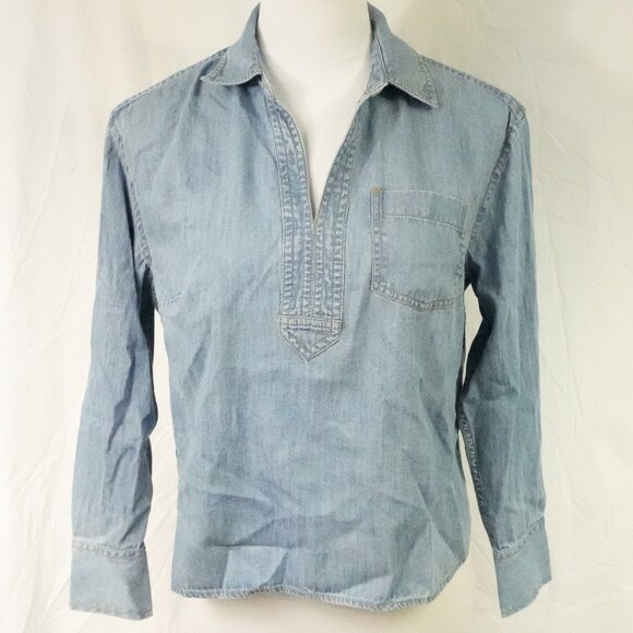 NWT 100% cotton Talbots Petite Small Blue Jean Shirt ¾ Length with Collar - Picture 1 of 7